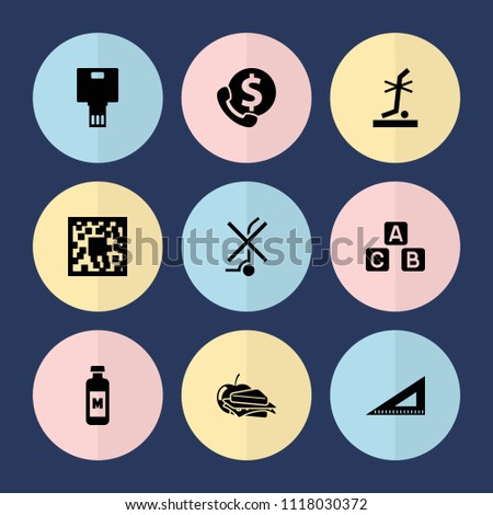 Set of 9 square filled icons such as ruler, qr code, sandwich and apple, no standing nearby, camera, bank support, abc cube