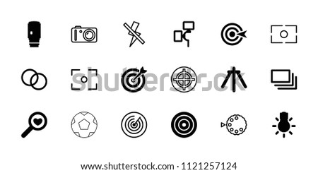 Focus icon. collection of 18 focus filled and outline icons such as camera tripod, camera lens, burst, target, no flash. editable focus icons for web and mobile.