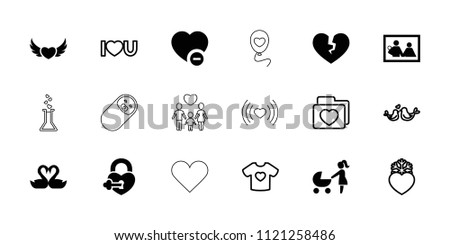 Love icon. collection of 18 love filled and outline icons such as family photo, minus favorite, swan heart, t-shirt with heart. editable love icons for web and mobile.