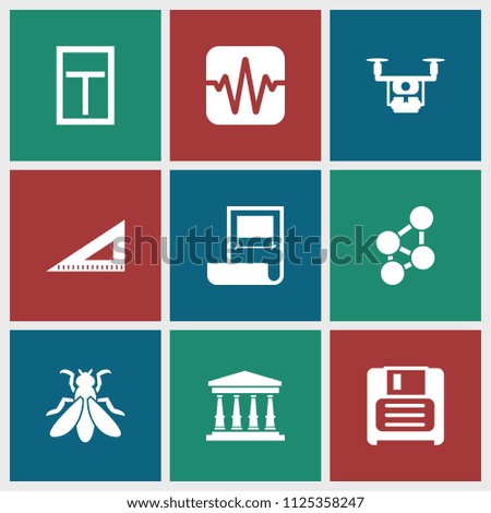 Square icon. collection of 9 square filled icons such as ruler, diskette, medical drone, fly, plan, court, window, share. editable square icons for web and mobile.
