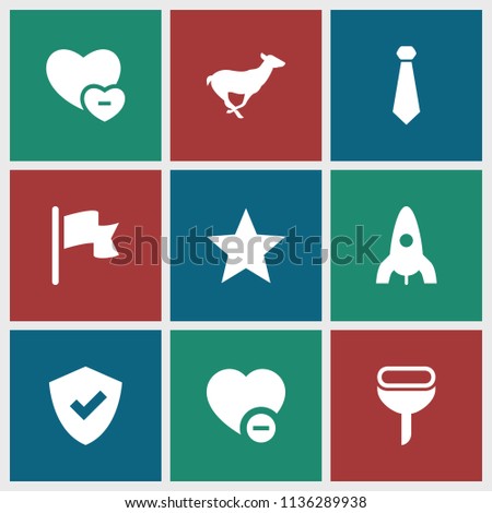 Emblem icon. collection of 9 emblem filled icons such as antelope, rocket, shield, minus favorite, flag, tie, filter. editable emblem icons for web and mobile.