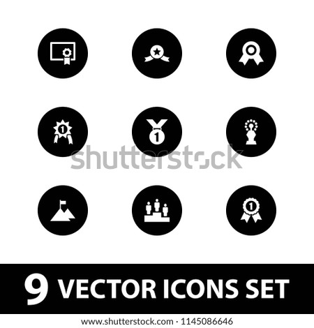 Achievement icon. collection of 9 achievement filled icons such as ranking, diploma, trophy, flag on mountain, number 1 medal. editable achievement icons for web and mobile.