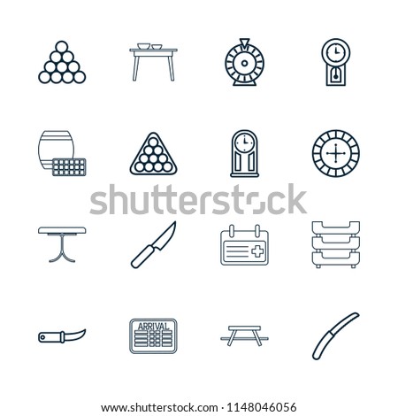 Table icon. collection of 16 table outline icons such as roulette, billiards, biliard triangle, gardening knife, knife, pendulum. editable table icons for web and mobile.