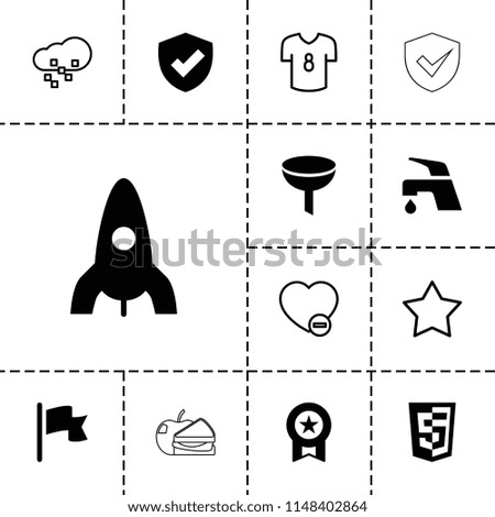 Emblem icon. collection of 13 emblem filled and outline icons such as rocket, tap, filter, medal, shield, flag, star, minus favorite. editable emblem icons for web and mobile.