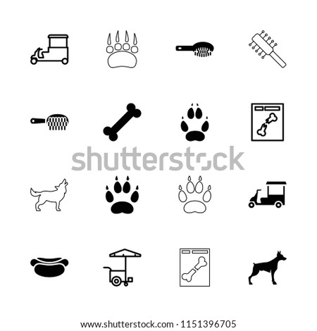 Dog icon. collection of 16 dog filled and outline icons such as animal paw, hair brush, bone, fast food cart, x ray. editable dog icons for web and mobile.