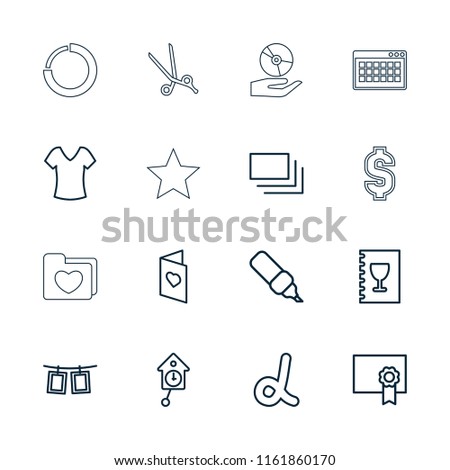 Template icon. collection of 16 template outline icons such as shirt, pen, alpha, photos on rope, burst, love card, menu, diploma. editable template icons for web and mobile.