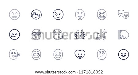 Smile icon. collection of 18 smile outline icons such as wink emot, crying emot, ghost, heart face, dog, emoji listening music. editable smile icons for web and mobile.