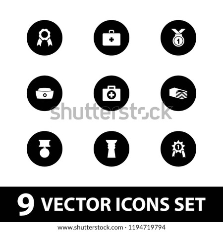 First icon. collection of 9 first filled icons such as bandage, nurse hat, ribbon, trophy, number 1 medal. editable first icons for web and mobile.