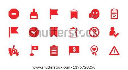 Mark icon. collection of 18 mark filled icons such as stamp, flag with dollar, warning, courier on motorcycle, clipboard, flag. editable mark icons for web and mobile.