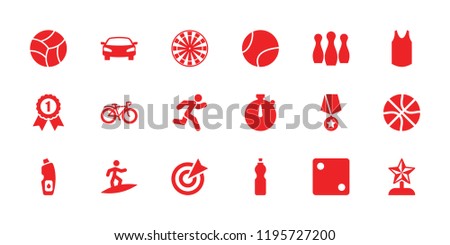 Sport icon. collection of 18 sport filled icons such as dice, bicycle, running, car, tennis ball, star trophy, number 1 medal. editable sport icons for web and mobile.