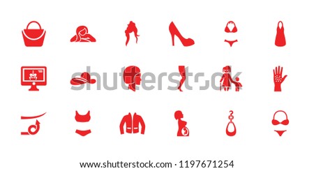 Female icon. collection of 18 female filled icons such as woman bag, dress, x-ray on display, pregnant woman, arm rash, face. editable female icons for web and mobile.