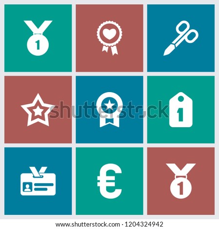 Badge icon. collection of 9 badge filled icons such as manicure scissors, medal, number 1 medal, tag, star, euro. editable badge icons for web and mobile.