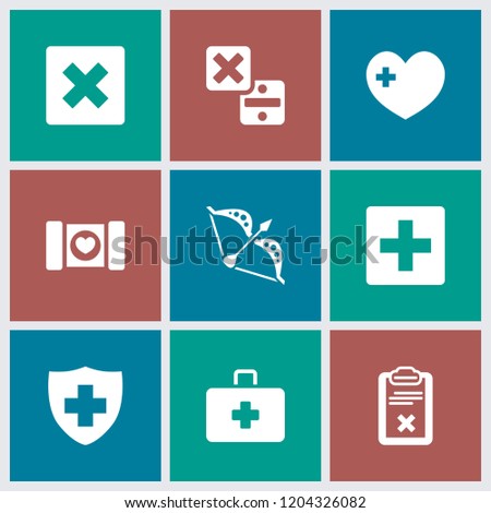 Cross icon. collection of 9 cross filled icons such as plus, cancel, medical sign, clipboard, bow, case with heart. editable cross icons for web and mobile.
