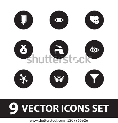 Emblem icon. collection of 9 emblem filled icons such as wings, medal, filter, eye, shield, tap, share. editable emblem icons for web and mobile.