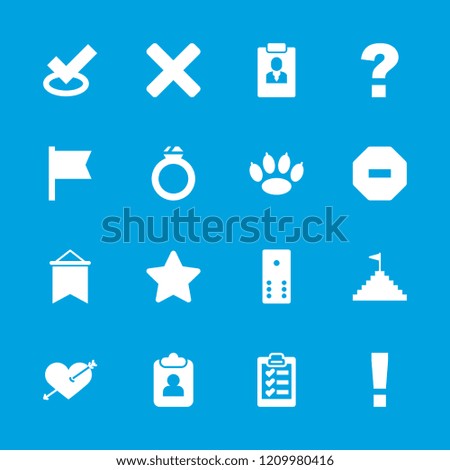Mark icon. collection of 16 mark filled icons such as tick, paw, question, heart with arrow, star, flag, clipboard, pyramid flag, ring. editable mark icons for web and mobile.