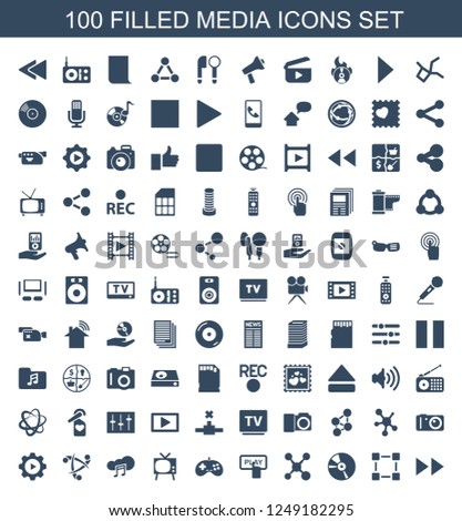 media icons. Set of 100 filled media icons included fast forward, network connection, CD, share, Finger pressing play button on white background. Editable media icons for web, mobile and infographics.