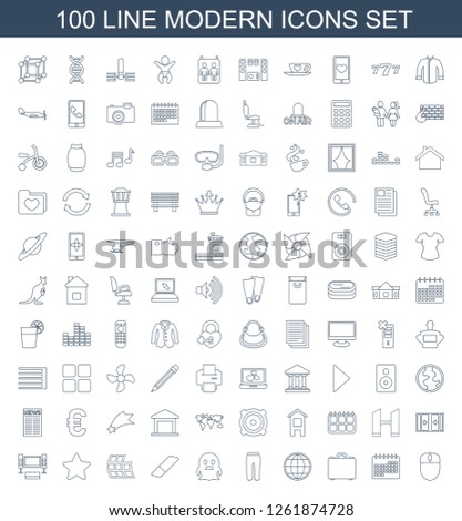 100 modern icons. Trendy modern icons white background. Included line icons such as mouse, calendar, case, globe, pants, ghost, eraser, modern curved building. modern icon for web and mobile.