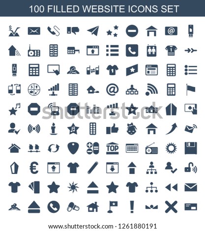 100 website icons. Trendy website icons white background. Included filled icons such as envelop, cross, arrow up, exclamation point, flag, house building. website icon for web and mobile.