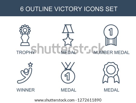 6 victory icons. Trendy victory icons white background. Included outline icons such as trophy, medal, number medal, winner. victory icon for web and mobile.