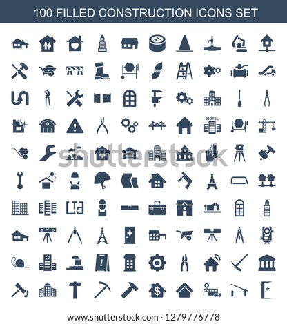 construction icons. Trendy 100 construction icons. Contain icons such as aid post, barrier, hospital, house building, bank, hummer, hammer. construction icon for web and mobile.