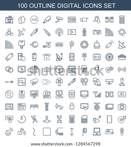 100 digital icons. Trendy digital icons white background. Included outline icons such as remote control, dvd player, laptop, soft box, arrow. digital icon for web and mobile.