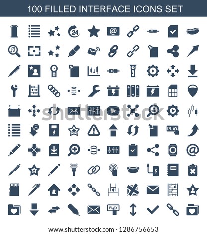 100 interface icons. Trendy interface icons white background. Included filled icons such as folder with heart, chain, tick, arrow, Finger pressing play button. interface icon for web and mobile.