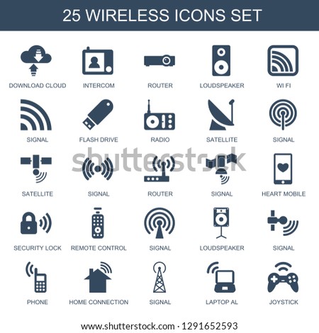 wireless icons. Trendy 25 wireless icons. Contain icons such as download cloud, intercom, router, loudspeaker, wi fi, signal, flash drive, radio. wireless icon for web and mobile.