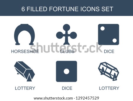 6 fortune icons. Trendy fortune icons white background. Included filled icons such as horseshoe, Clubs, Dice, lottery. fortune icon for web and mobile.