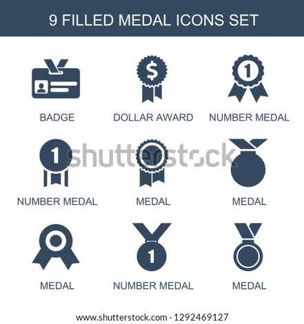 9 medal icons. Trendy medal icons white background. Included filled icons such as badge, dollar award, number medal. medal icon for web and mobile.