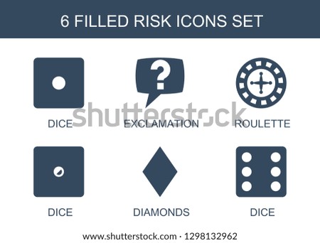 6 risk icons. Trendy risk icons white background. Included filled icons such as Dice, exclamation, Roulette, Diamonds. risk icon for web and mobile.