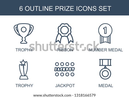 6 prize icons. Trendy prize icons white background. Included outline icons such as trophy, ribbon, number medal, Jackpot, medal. prize icon for web and mobile.