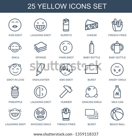 yellow icons. Trendy 25 yellow icons. Contain icons such as kiss emot, laughing emot, burrito, cheese, french fries, emoji, sponge, yawn emot. yellow icon for web and mobile.