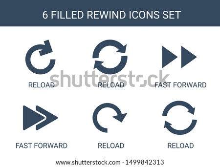 6 rewind icons. Trendy rewind icons white background. Included filled icons such as reload, fast forward. rewind icon for web and mobile.