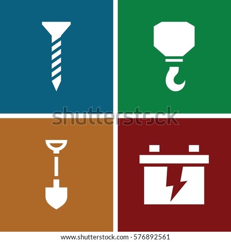 Set of 4 Construction filled icons such as screw, shovel, battery