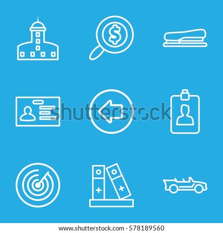business icon. Set of 9 business outline icons such as arrow left, castle, badge, binder, clipboard, stapler, cabriolet, search dollar