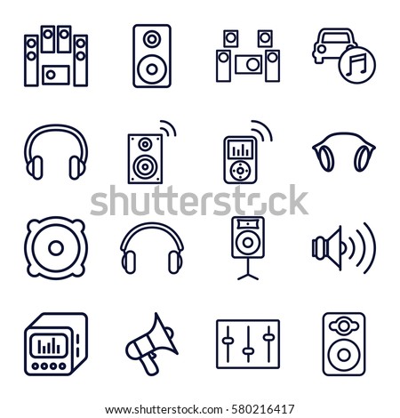 stereo vector icons. Set of 16 stereo outline icons such as volume, speaker, loud speaker set, sliders, car music, earphones, loud speaker with equalizer, loudspeaker, headset