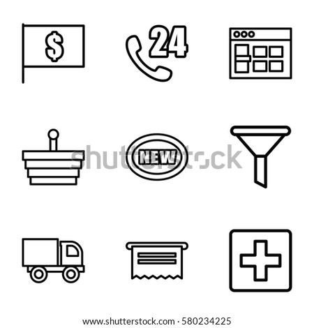 E-commerce vector icons. Set of 9 E-commerce outline icons such as browser window, shopping basket, truck, plus, 24 hours support, new, document, filter