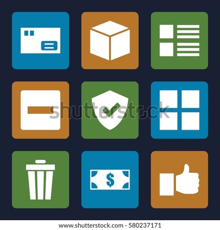 E-commerce vector icons. Set of 9 E-commerce filled icons such as money, parcel, box, shield, minus, like, cube, menu