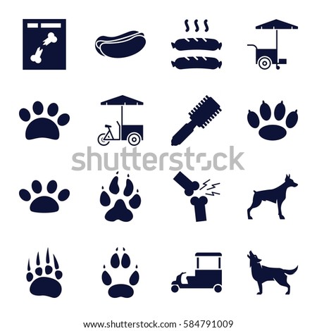 dog icons set. Set of 16 dog filled icons such as animal paw, wolf, hair brush, fast food cart, x ray, broken leg or arm, sausage