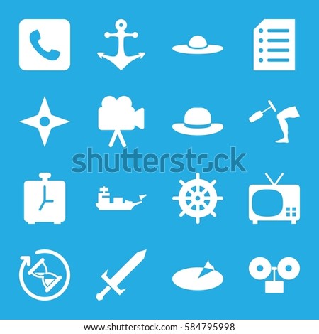 old icons set. Set of 16 old filled icons such as helm, woman hat, camera, knee hammer reaction check, call, paper, anchor, sundial, hourglass, alarm, sword, compass