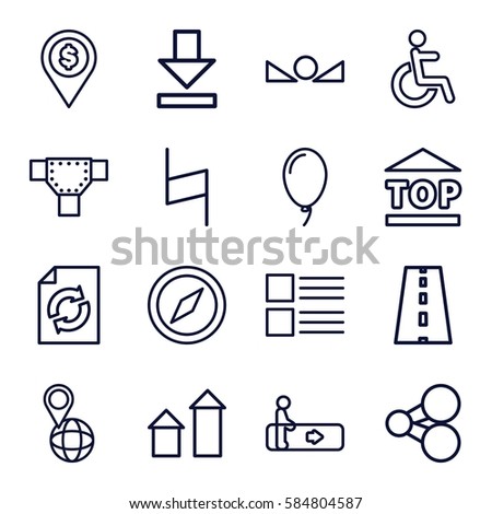 navigation icons set. Set of 16 navigation outline icons such as escalator, arrow up, road, reload, disabled, top of cargo box, pin on globe, pause, download, balloon, menu