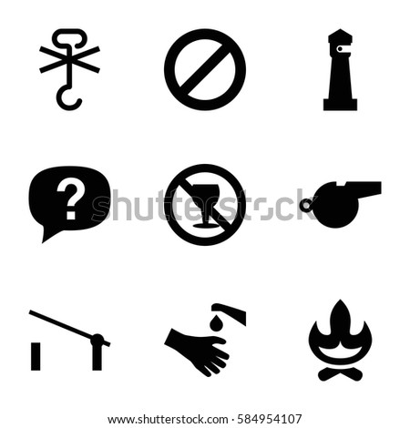 warning icons set. Set of 9 warning filled icons such as barrier, lighthouse, no alcohol, hands washing, no cargo warning, prohibited, whistle, exclamation