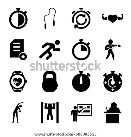 Set of 16 training filled icons such as exercising, heart with muscles, bar   tightening, barbell, running, heartbeat watch, karate, skipping rope, teacher