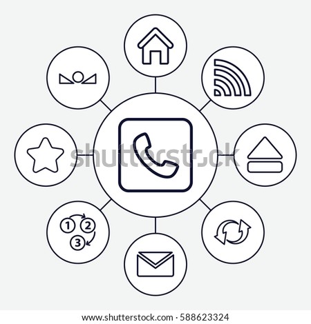 Set of 9 website outline icons such as house building, star, wi-fi, update, eject button, call, arrow up, 1 2 3
