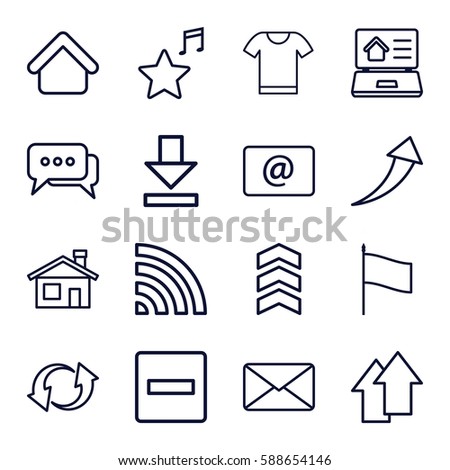 website icons set. Set of 16 website outline icons such as house building, wi-fi, update, email, favorite music, download, mail, real estate on laptop, chat, arrow up, t-shirt