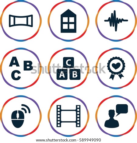 square icons set. Set of 9 square filled icons such as window, ABC cube, chatting man, heart ribbon, music equalizer, panorama mode, computer mouse, movie tape