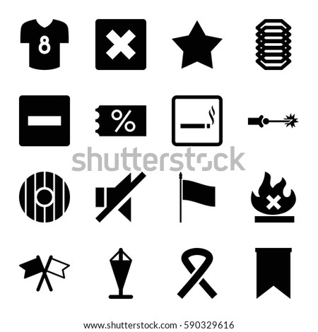 banner icons set. Set of 16 banner filled icons such as smoking area, Star, no fire, no sound, flag, ribbon, football t shirt, electric circuit, shield, minus, ticket on sale