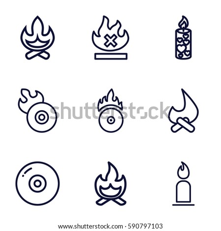 burn icons set. Set of 9 burn outline icons such as candle, no fire, disc flame, CD fire, bonfire