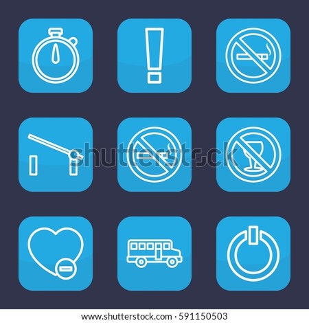 stop icon. Set of 9 outline stop icons such as barrier, no smoking, no alcohol, minus favorite, switch off, bus, exclamation point