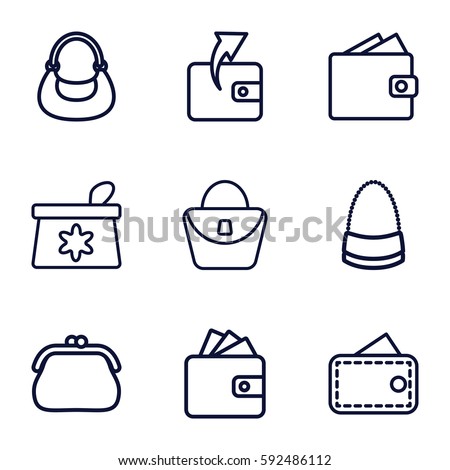 purse icons set. Set of 9 purse outline icons such as make up bag, woman bag, Wallet, bag, wallet